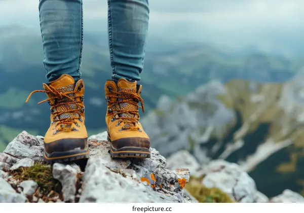 Close up of a woman's feet in hiking boots standing on a rock with a mountainous landscape in the background