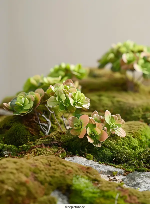 Green Succulents on Moss Covered Rocks