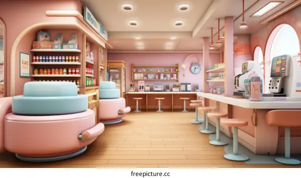 Retro futuristic diner interior with pink pastel color palette