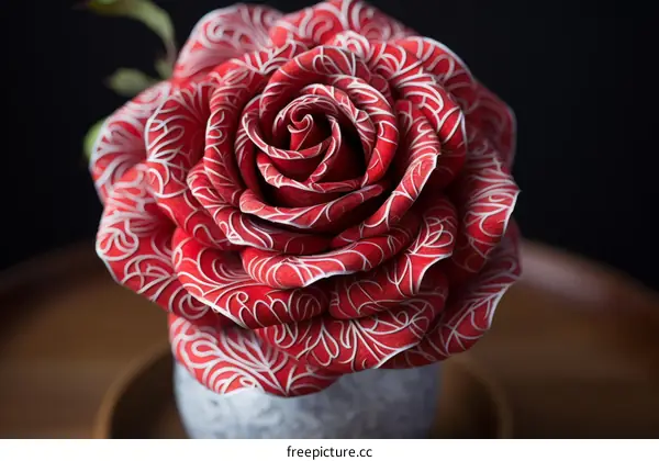 Red rose with white veins
