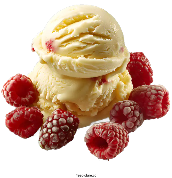 [Transparent Background PNG]Vanilla ice cream with raspberries