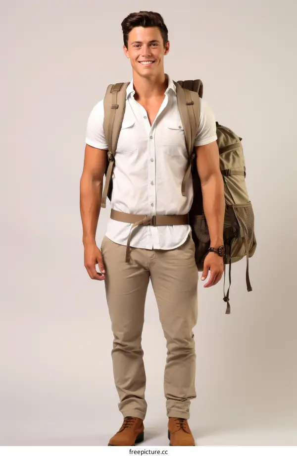 Young man with backpack ready for hiking