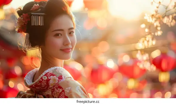 Portrait of a beautiful Japanese woman in traditional kimono