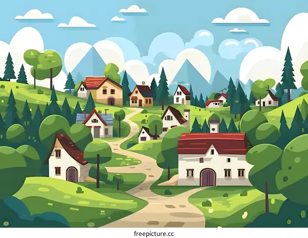Beautiful Cartoon Landscape with Houses and Mountains