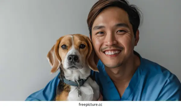 Asian male veterinarian smiling with a beagle