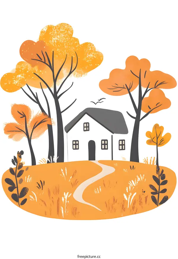 Autumn House Illustration with Trees and Path