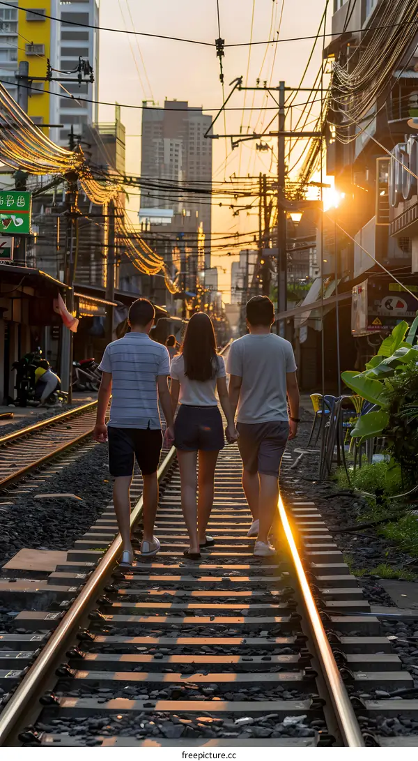 Three Friends Walking on Train Tracks in Asian City at Sunset