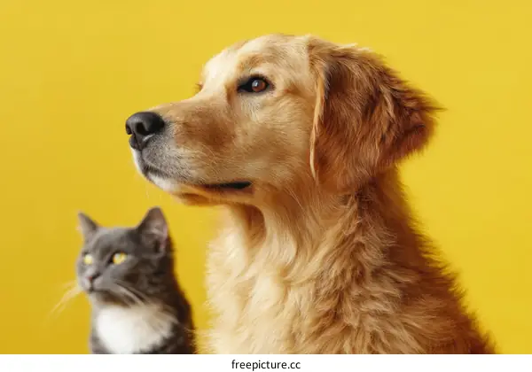 Golden Retriever and Gray Cat Portrait Against Yellow Background