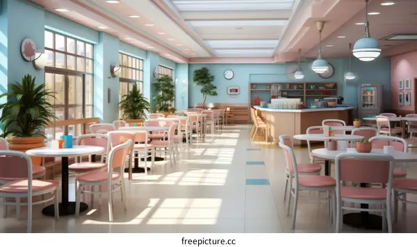 Retro 80s style school cafeteria interior