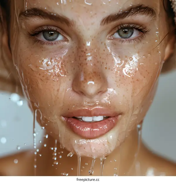 Close up portrait of a beautiful woman with water on her face