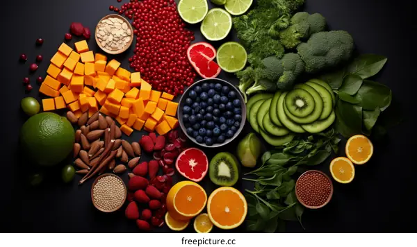 A variety of fruits and vegetables are arranged on a black background. The fruits and vegetables are colorful and include: