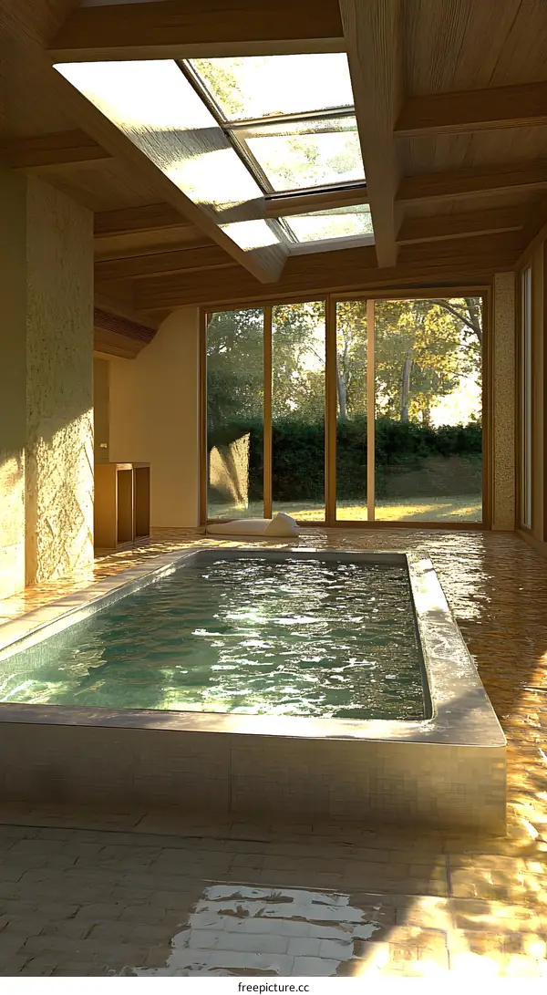 Modern Indoor Swimming Pool With Skylight And Wooden Ceiling