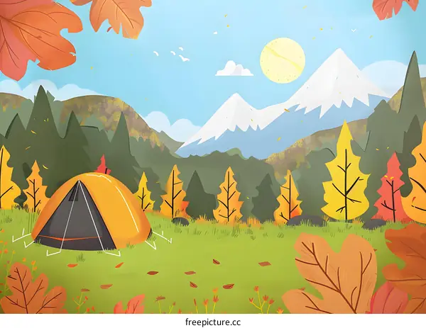 Autumn Camping Scene with Mountains