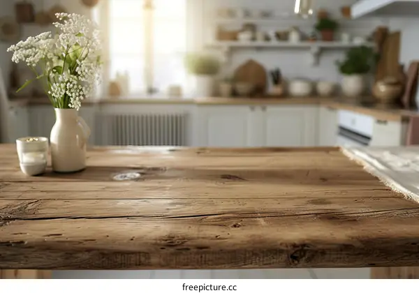 Rustic wooden table with a vase of flowers