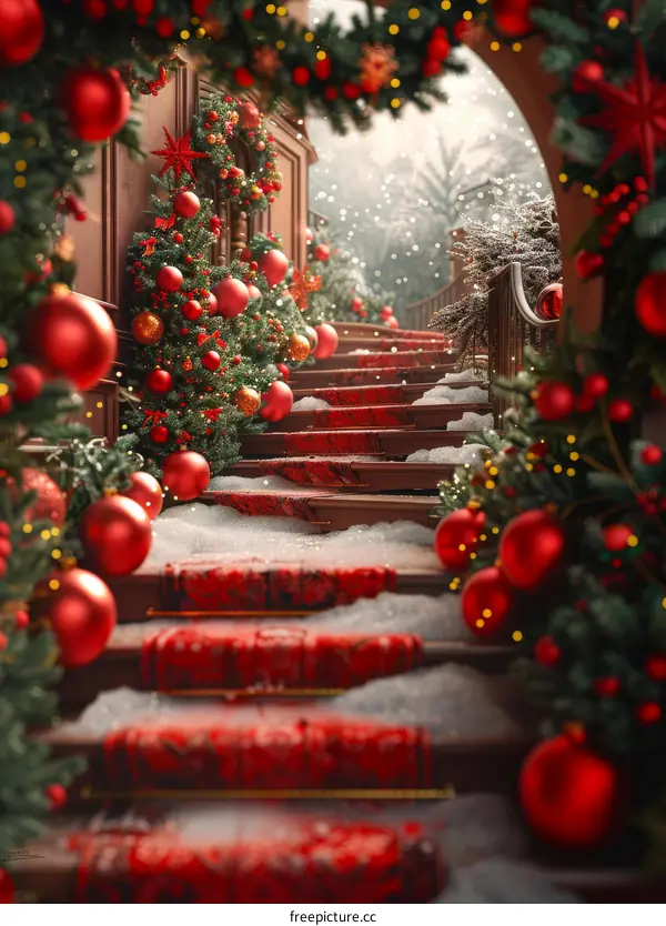 Staircase Decorated for Christmas