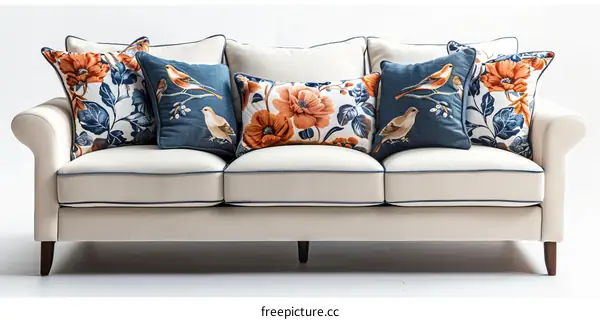 A Luxurious Sofa with Floral and Bird Patterns