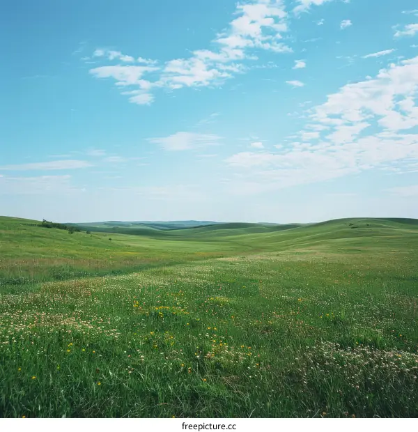 Expansive Green Rolling Hills Under a Blue Sky with Clouds
