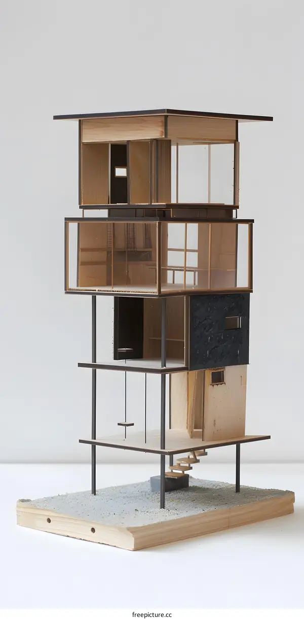 Wooden Model of a Modern House with Glass Windows and a Swing