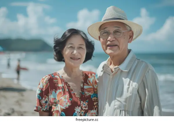 Asian elderly couple smiling on beach