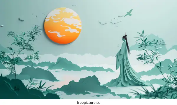 An illustration of a woman in a green dress standing in a misty forest
