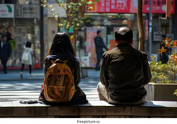 Two People Sitting On A Curb With A Backpack