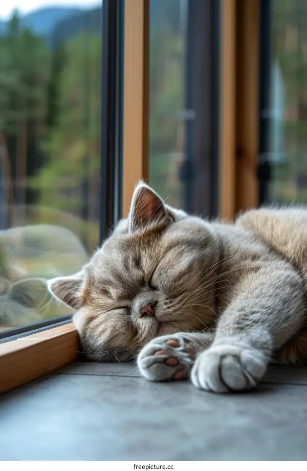 A ginger cat is sleeping near the window