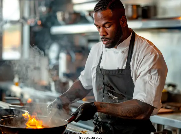 Black male chef cooking with fire in kitchen