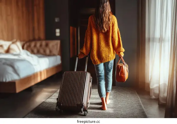 Woman Leaving Hotel Room With Luggage