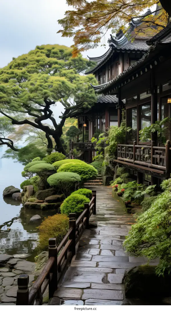 Japanese garden with a traditional house and a pond