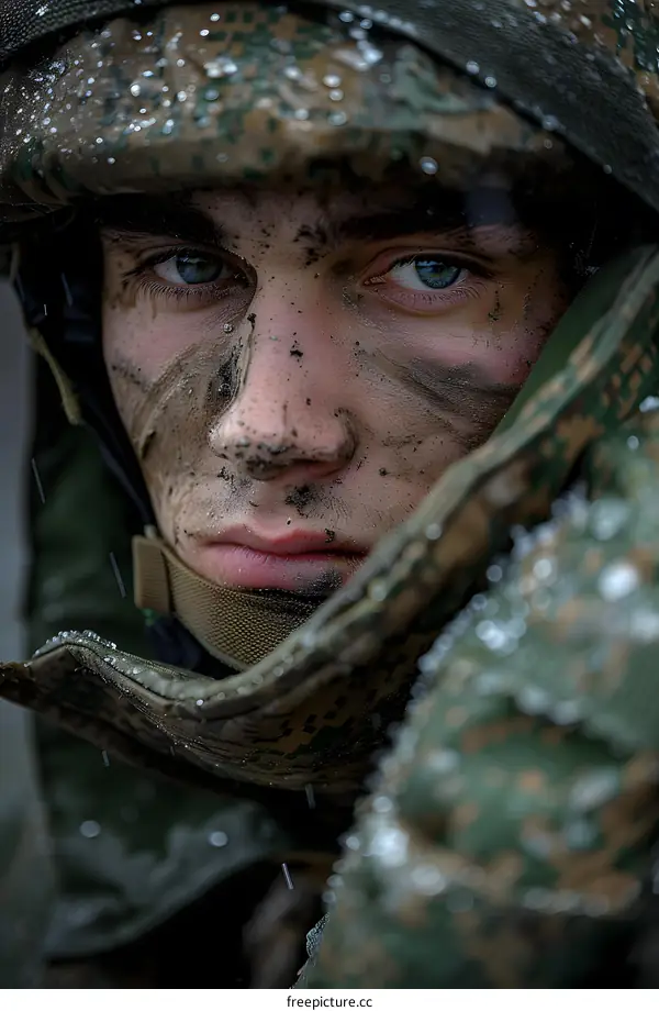 Portrait of a young soldier with blue eyes and mud on his face