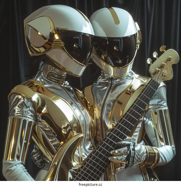 Two People Wearing Futuristic Gold and White Helmets and Suits with One Playing a Bass Guitar