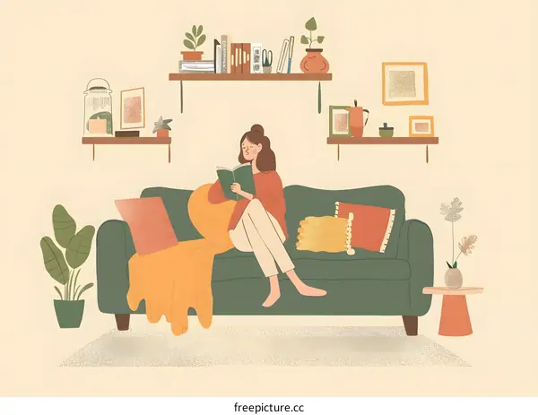 Woman Reading on Sofa in Cozy Living Room
