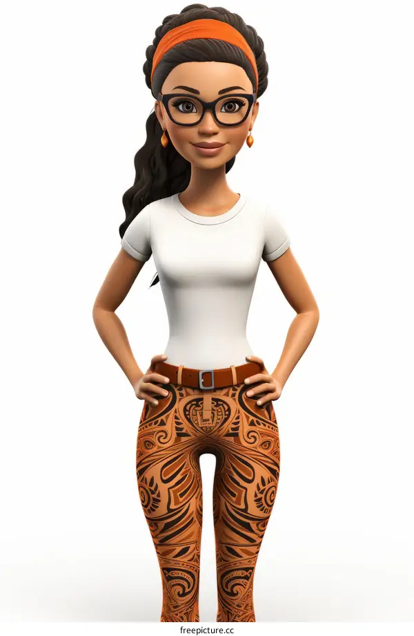 3D illustration of a young woman wearing a white shirt and brown patterned pants