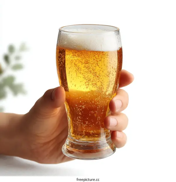 Hand holding a glass of beer with a white background