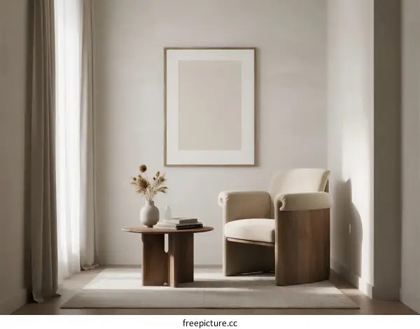 Minimalist Living Room Interior with Beige Armchair and Wooden Table