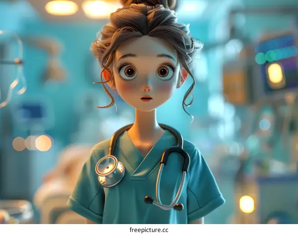 A female doctor with a stethoscope around her neck is looking at the camera with a surprised expression on her face