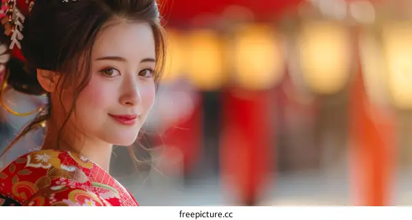 Portrait of a beautiful Japanese woman in traditional kimono