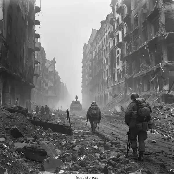 Two American soldiers walking through a destroyed city during World War II