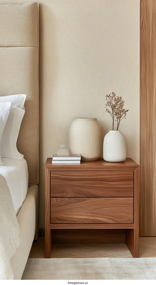 Modern Bedroom Nightstand with Beige Walls