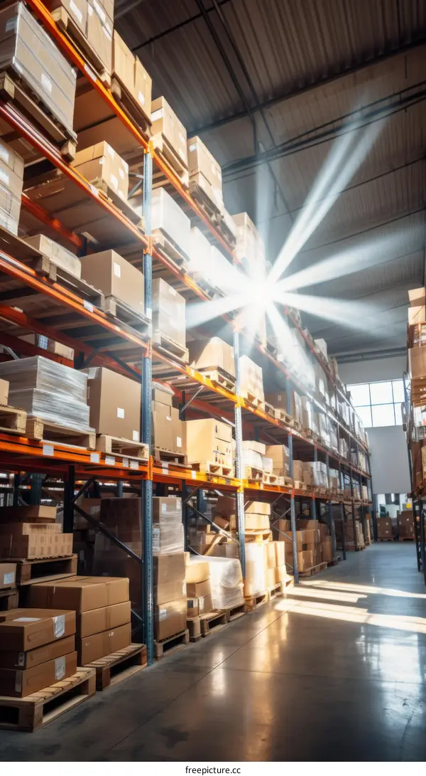 Warehouse interior with tall shelves full of cardboard boxes and sunlight shining through the windows