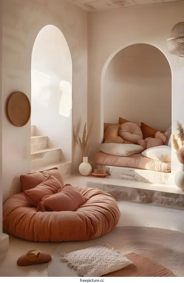 Modern Minimalist Interior Design With Round Couch and Archways