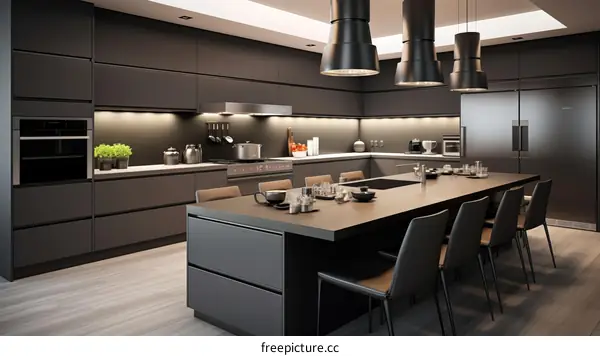 Black kitchen island with dark wood dining table and chairs