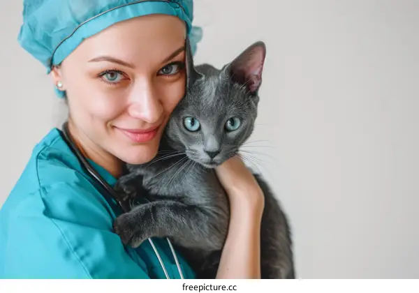 Close-up portrait of smiling female veterinarian with Russian Blue cat