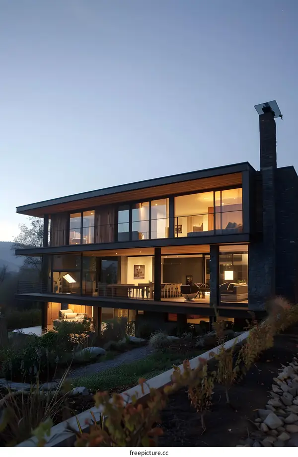 Modern House with Large Windows and Stone Exterior