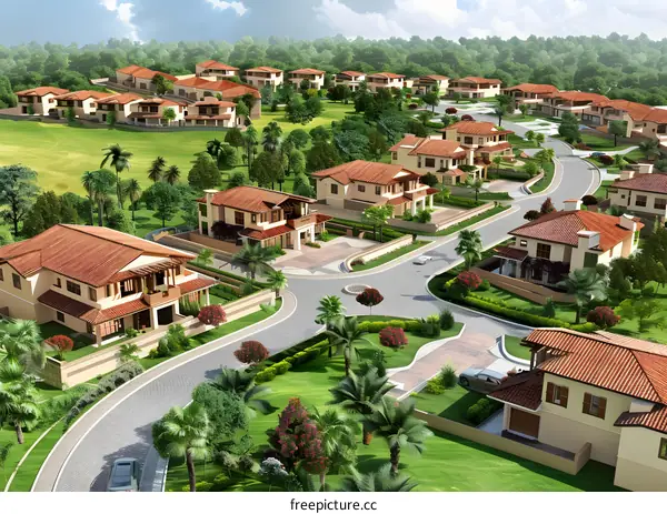 Aerial View of Suburban Houses in Green Landscape