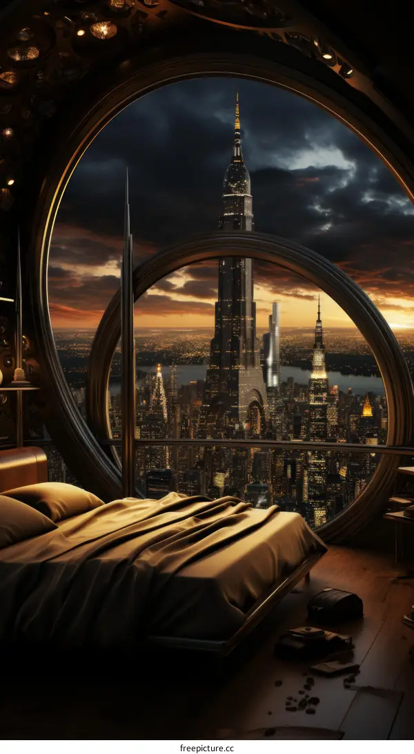 A Bedroom with a Wide Window Overlooking a Futuristic City at Night