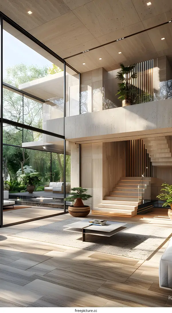 Staircase and living room in a modern house with a lot of plants