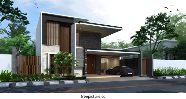 Modern House Design With Stone Wall And Wooden Fence