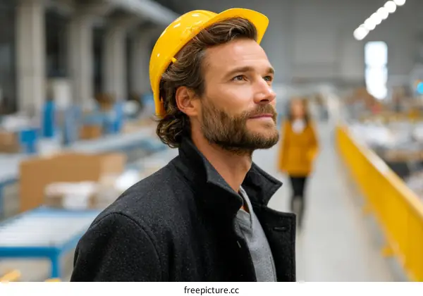 Factory worker in safety helmet observes the surroundings