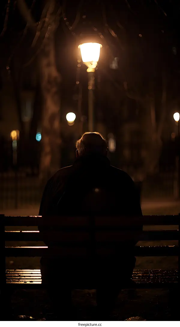 Silhouette of a Man Sitting on a Bench Under a Streetlight at Night